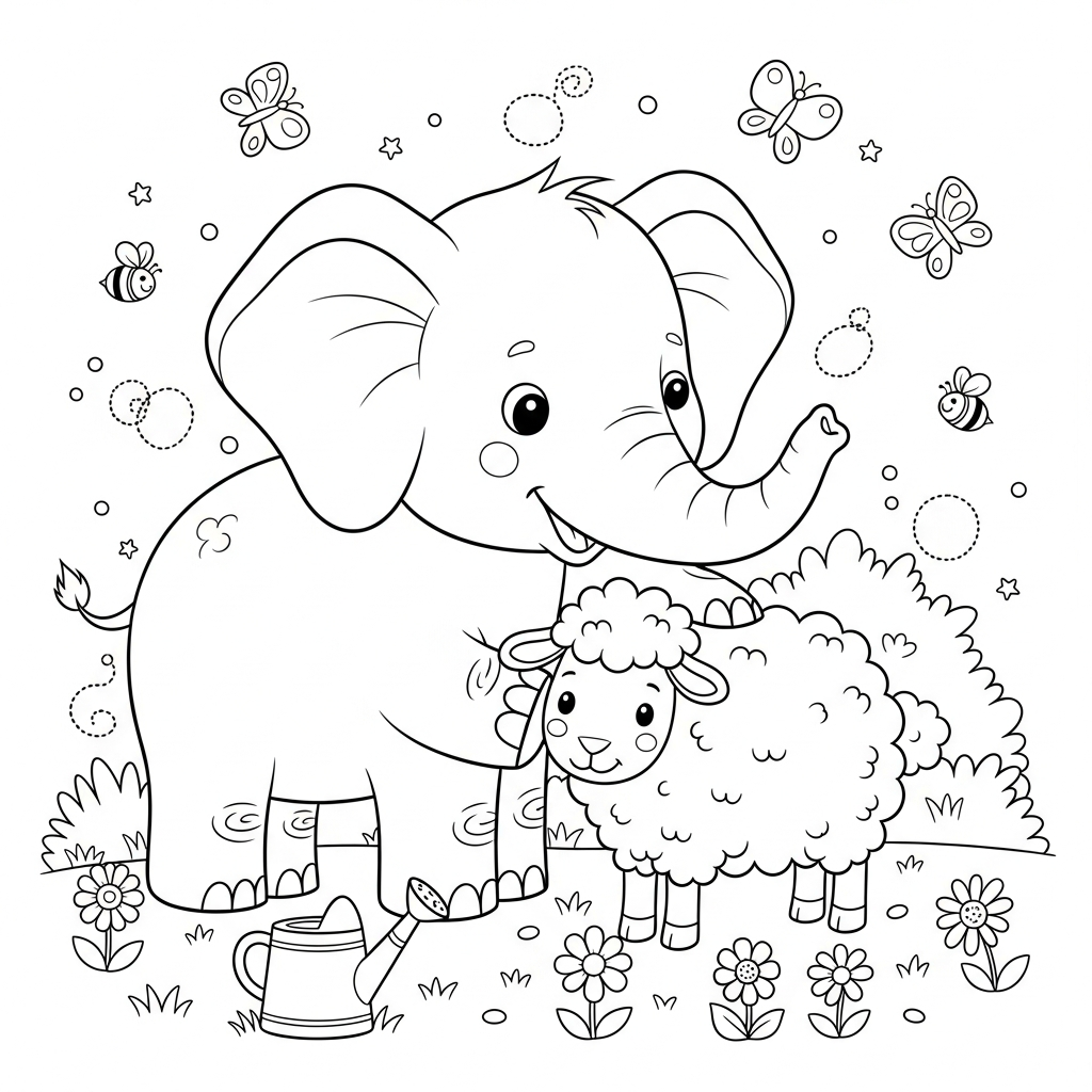Desenho de elefante para colorir acariciando ovelha lanuda em jardim com flores e abelhas