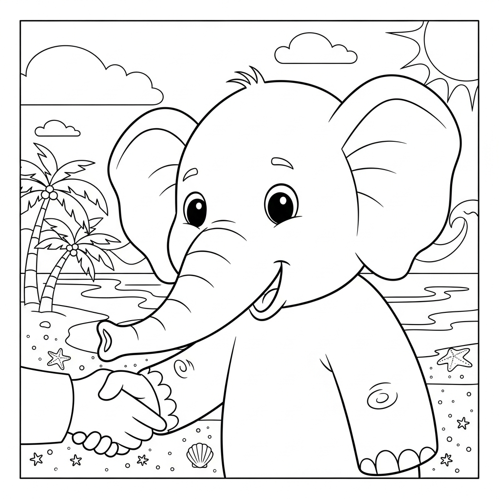 Desenho de elefante para colorir cumprimentando com aperto de mãos na praia com palmeiras.