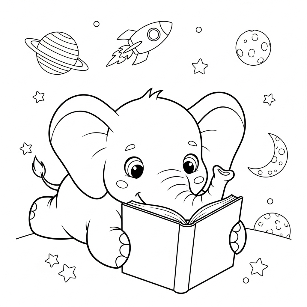 Desenho de elefante para colorir deitado lendo entre planetas e foguete