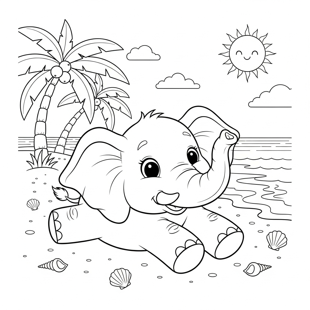 Desenho de elefante para colorir deitado de costas olhando o céu na praia