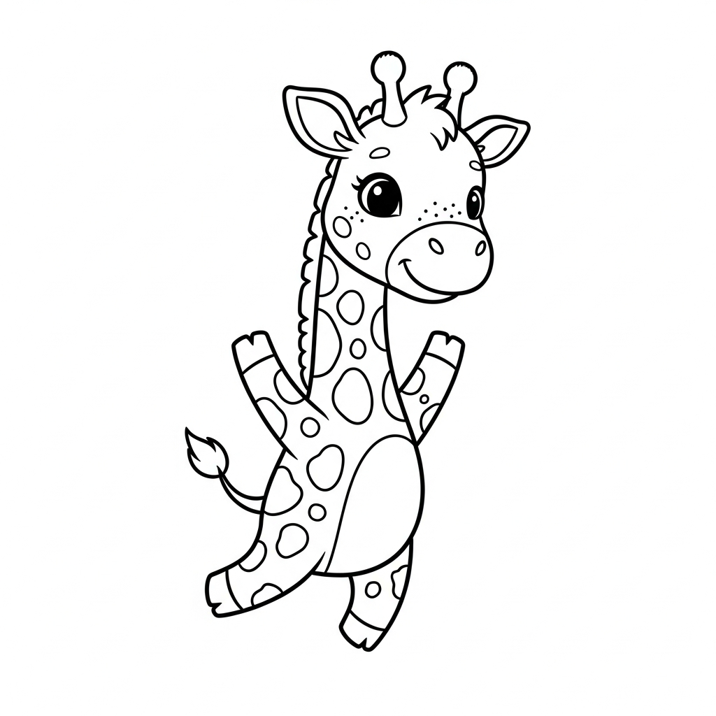 Desenho de girafa para colorir pulando no ar com braços levantados