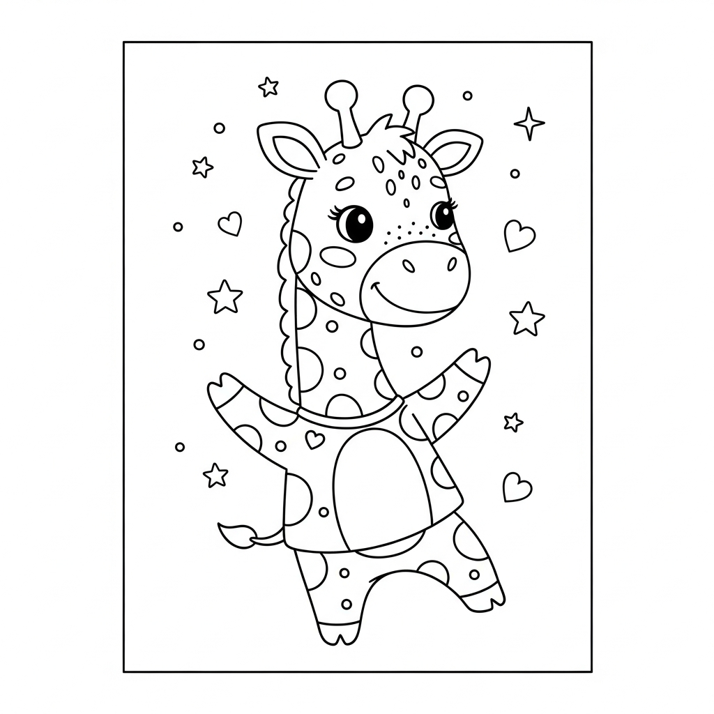 Desenho de girafa para colorir dançando com braços para cima, estrelinhas e corações.