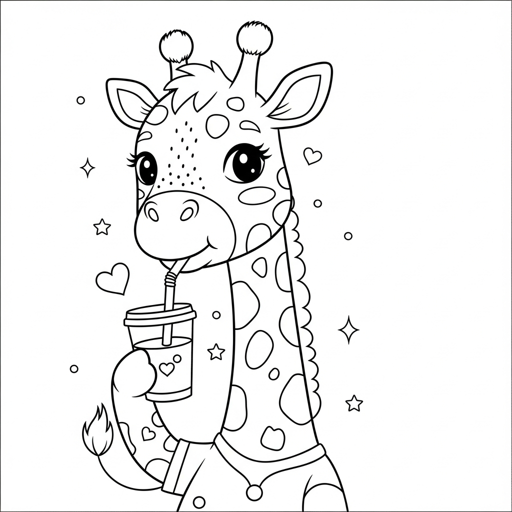 Desenho de girafa para colorir bebendo em copo com canudo, estrelinhas e corações.