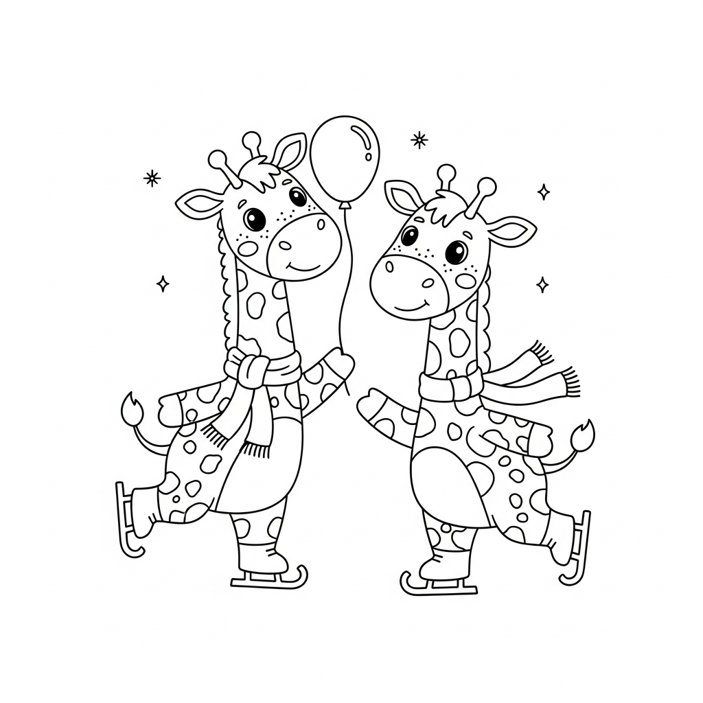 Desenho de girafa para colorir patinando no gelo com pequeno floco