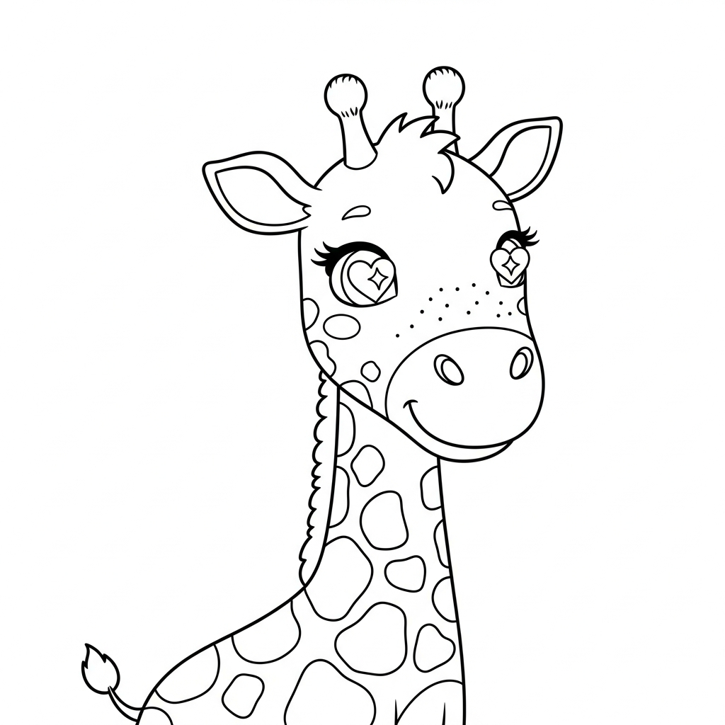 Desenho de girafa para colorir apaixonada com olhos de coração e flor pequena