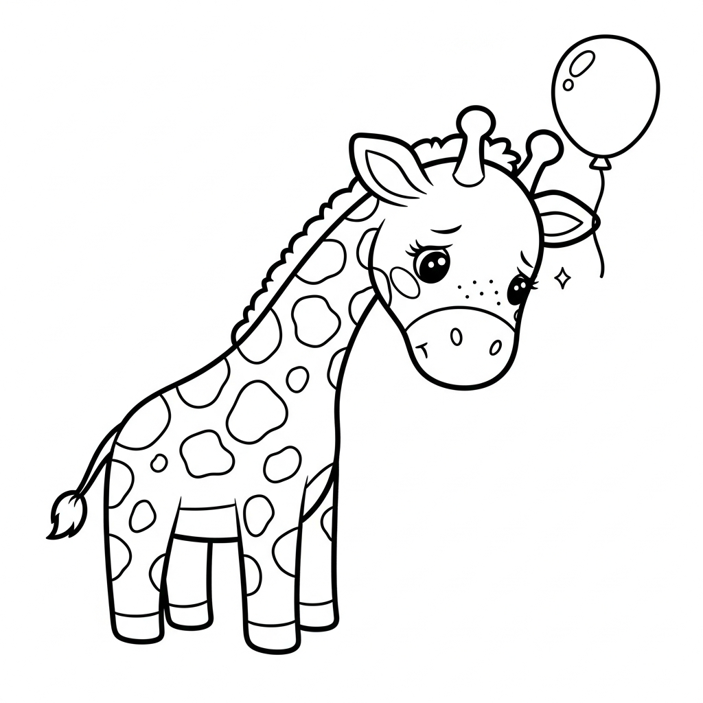 Desenho de girafa para colorir triste com cabeça baixa ao lado de uma bola