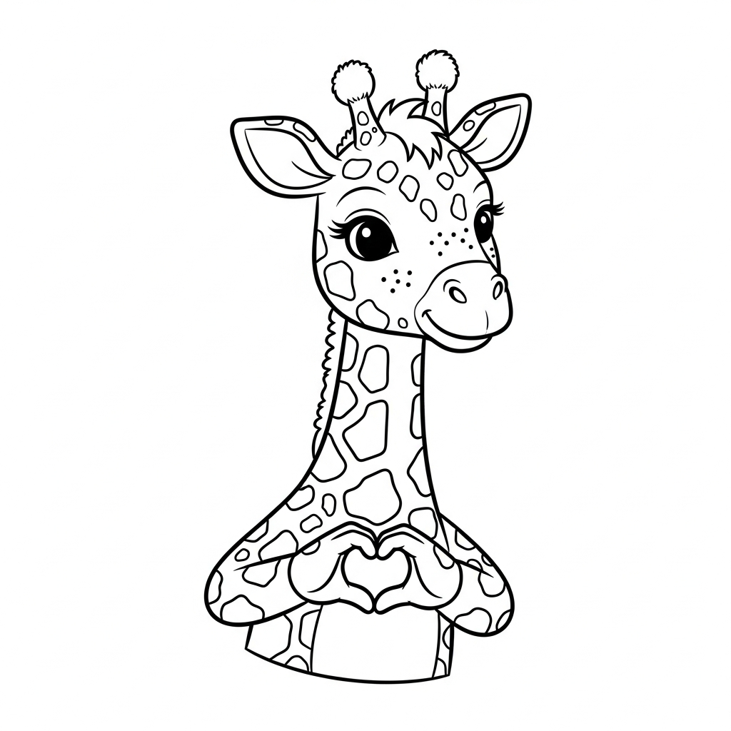 Desenho de girafa para colorir fazendo coração com as mãos