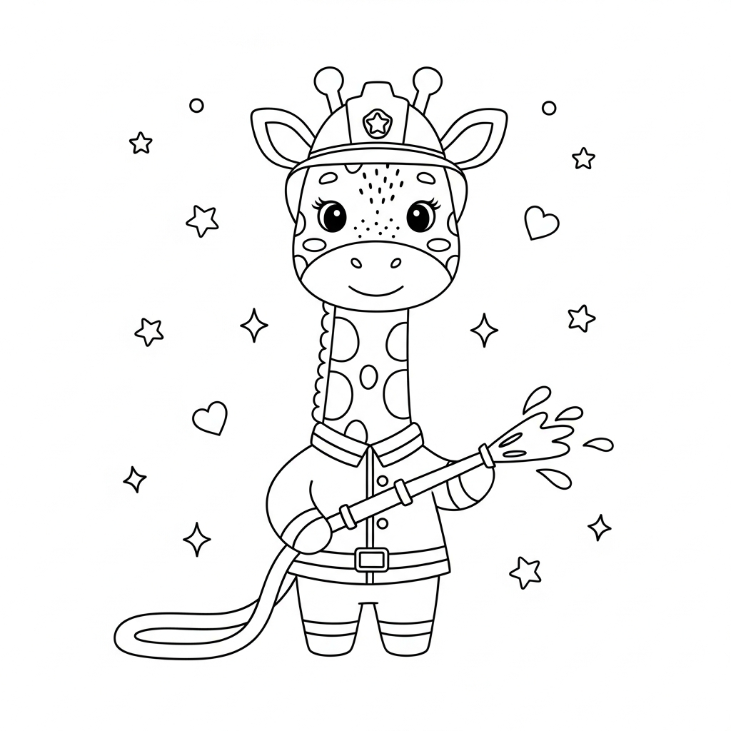 Desenho de girafa para colorir vestida de bombeiro com mangueira, estrelinhas e corações.