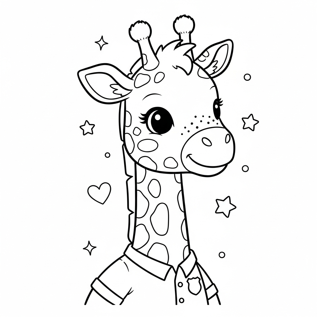 Desenho de girafa para colorir vestida de policial com distintivo, estrelinhas e corações decorativos.