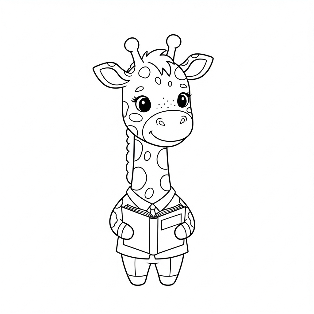 Desenho de girafa para colorir vestido de professor segurando livro