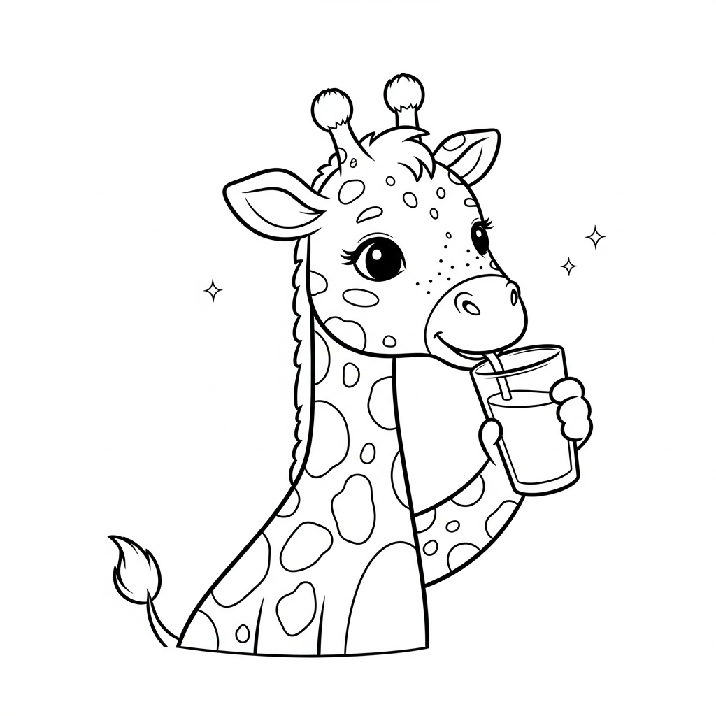 Desenho de girafa para colorir bebendo leite em um copo grande