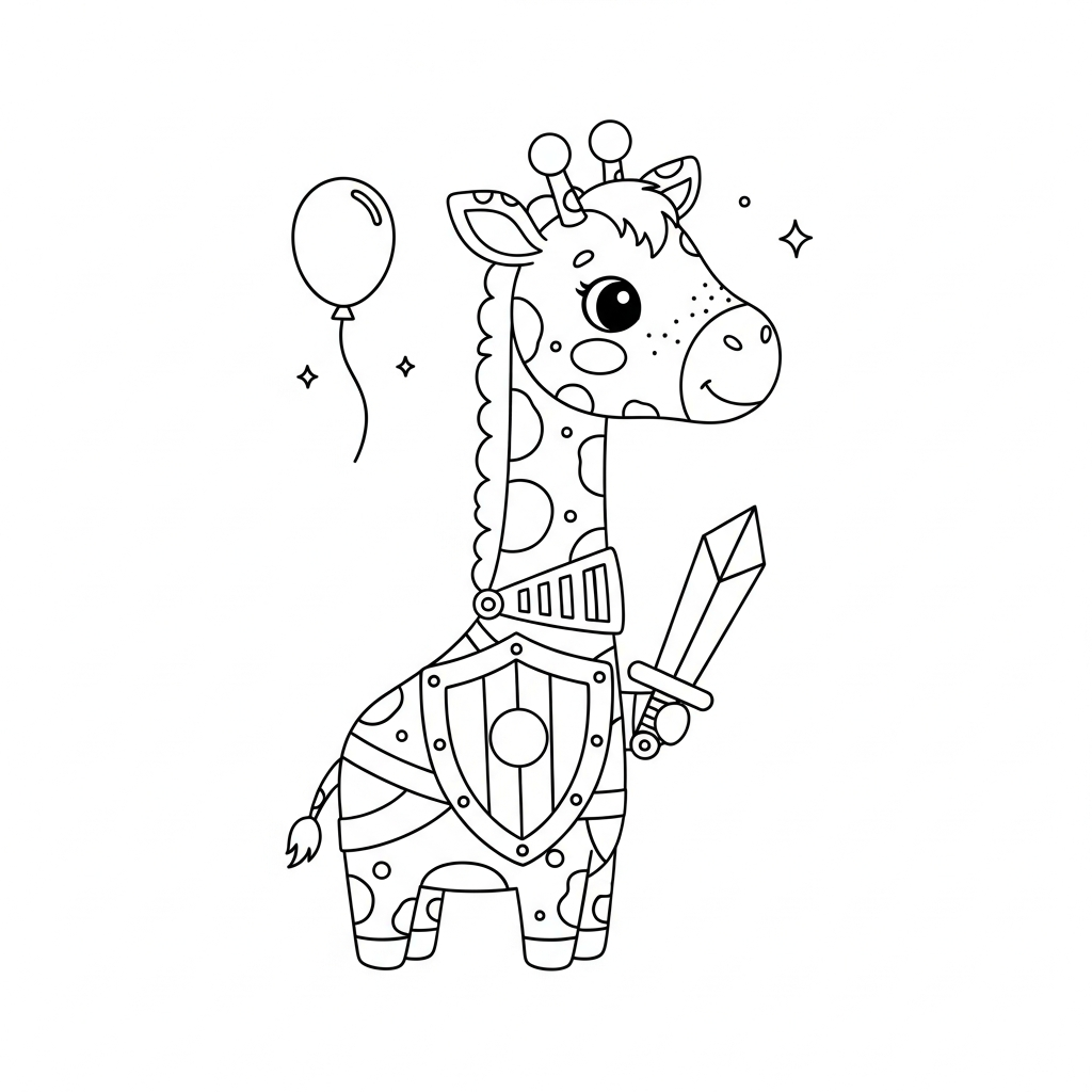 Desenho de girafa para colorir vestido de cavaleiro com escudo, espada e moeda.