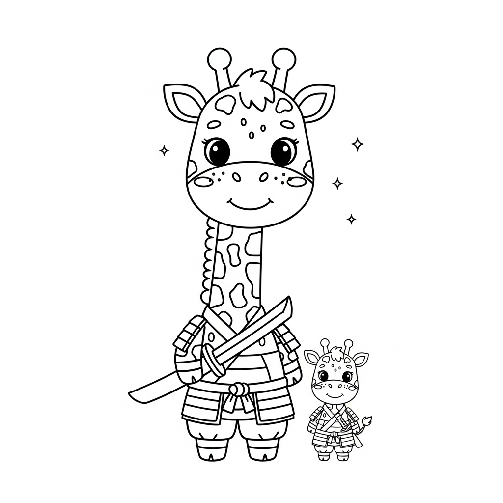 Desenho de girafa para colorir vestida de samurai com katana