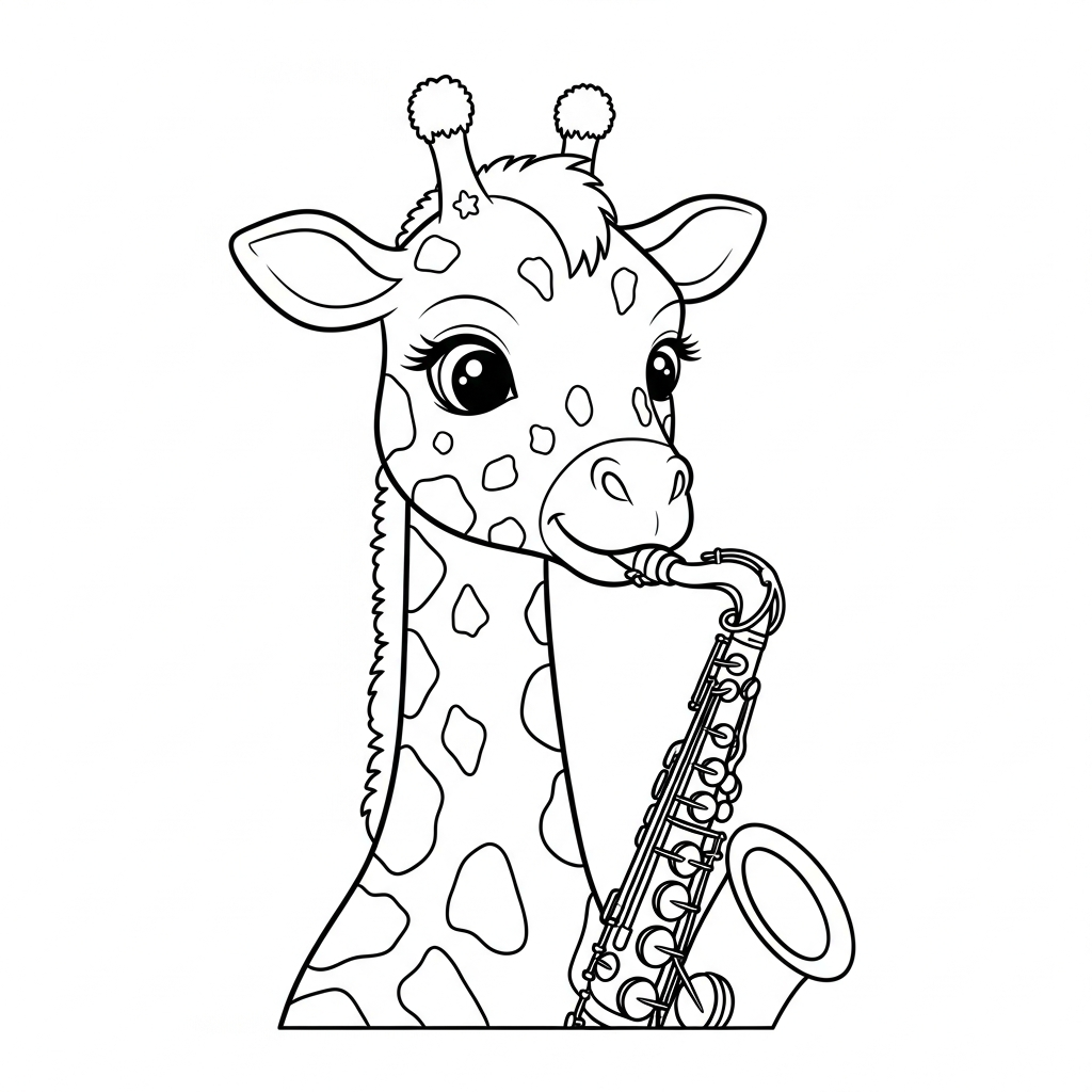 Desenho de girafa para colorir tocando saxofone com expressão alegre