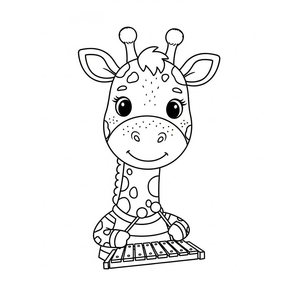 Desenho de girafa para colorir tocando xilofone alegremente com baquetas
