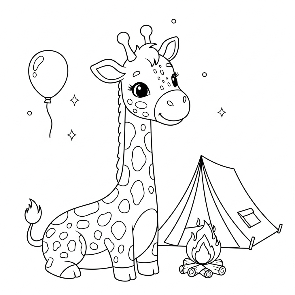 Desenho de girafa para colorir acampando em barraca com fogueira e mochila.
