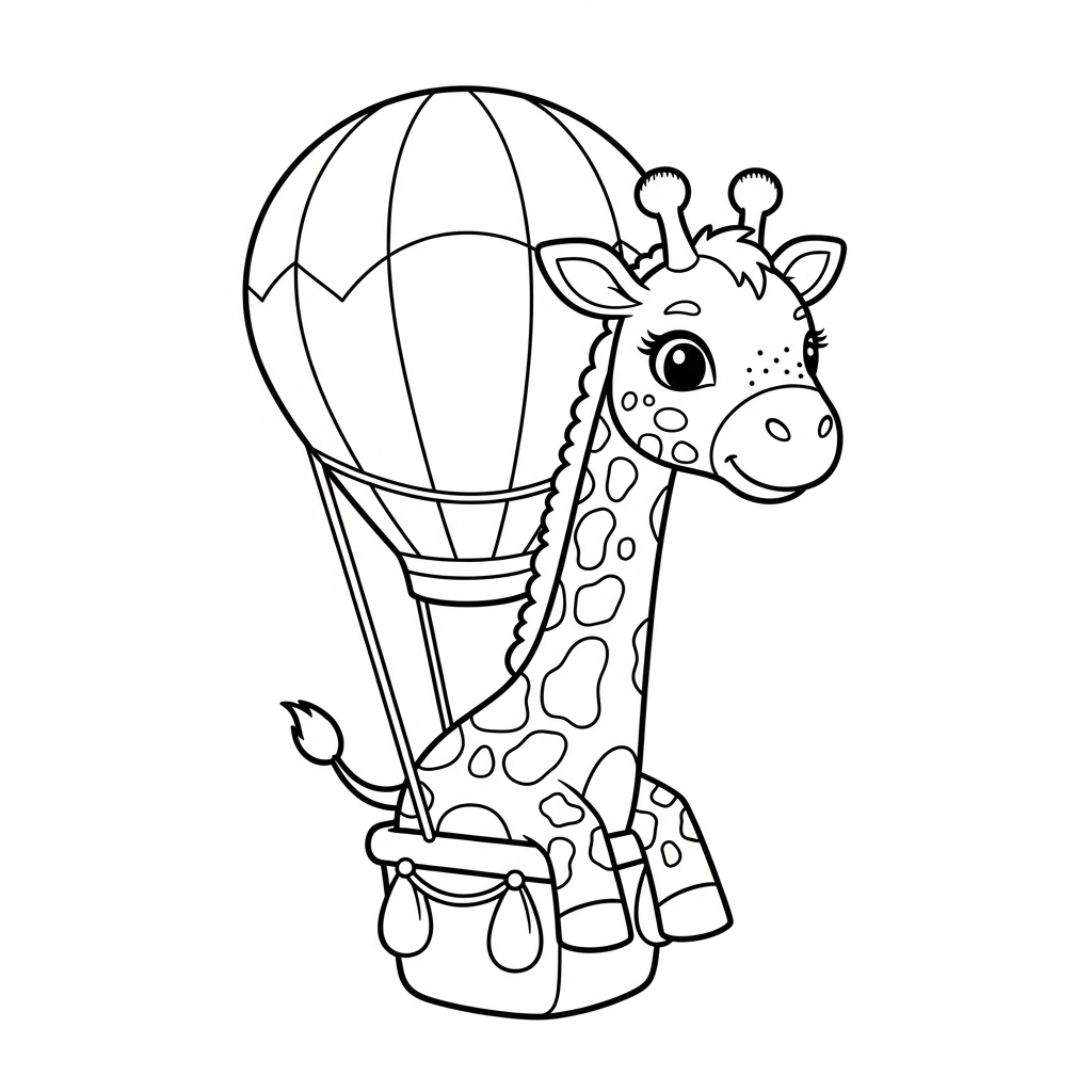 Desenho de girafa para colorir passeando de balão de ar quente