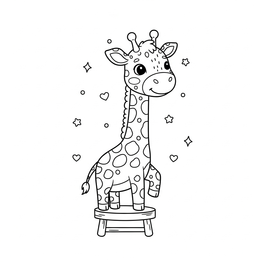 Desenho de girafa para colorir subindo em um banco baixo com estrelinhas e corações