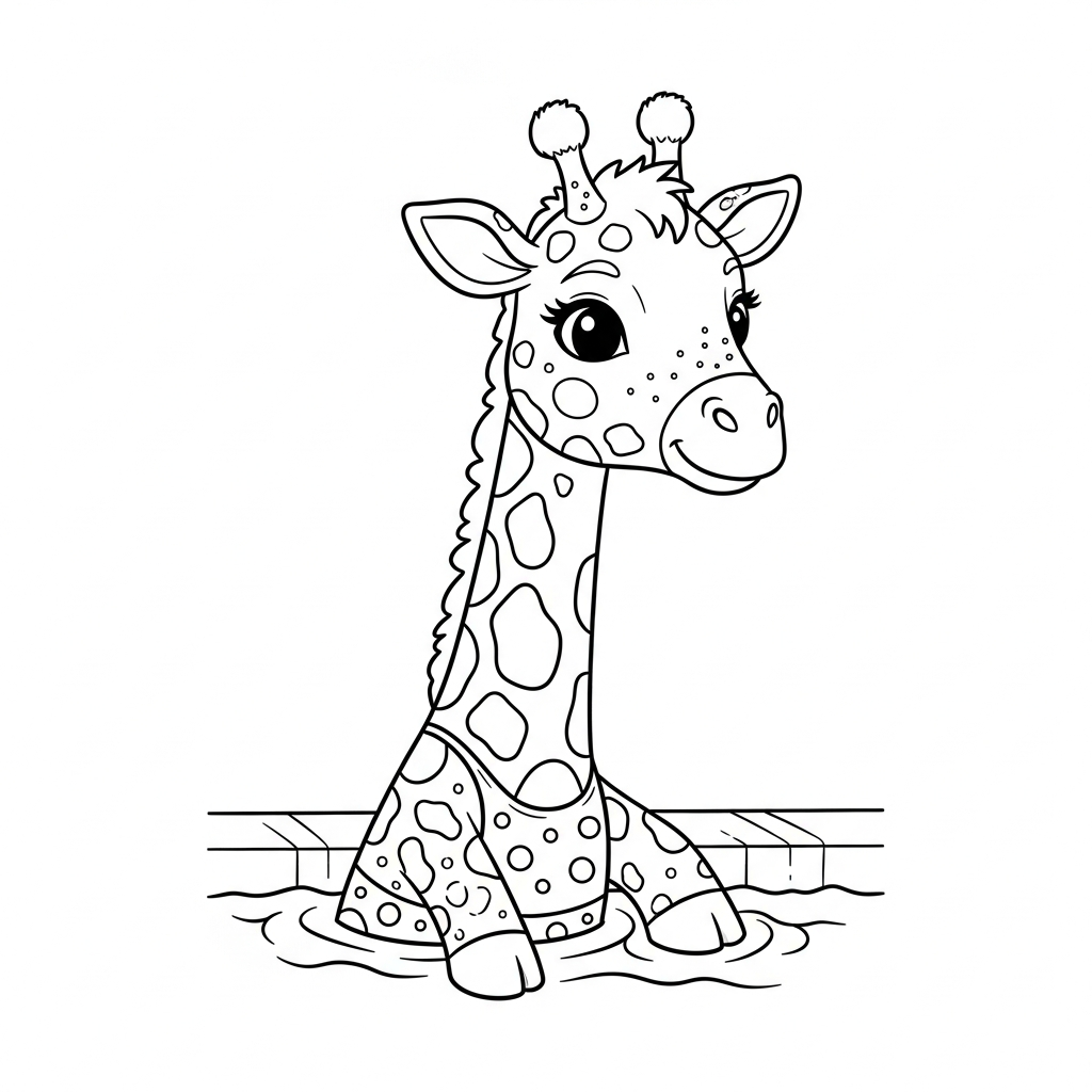 Desenho de girafa para colorir em maiô na beira da piscina