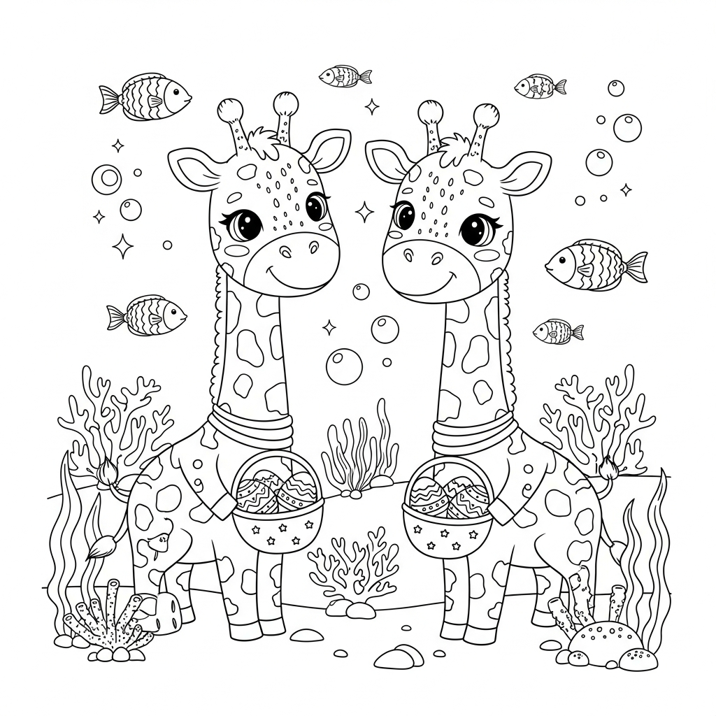 Desenho de girafa para colorir segurando cesta de Páscoa no fundo do mar.