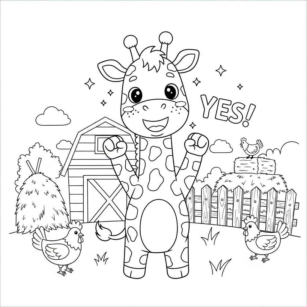 Desenho de girafa para colorir vibrando com punhos no ar na fazenda com celeiro.