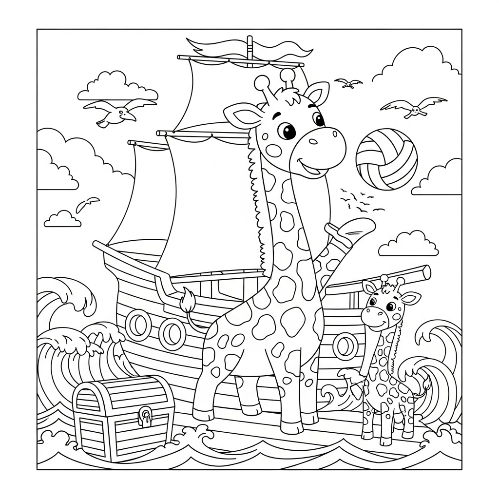 Desenho de girafa para colorir sacando bola de vôlei em navio pirata