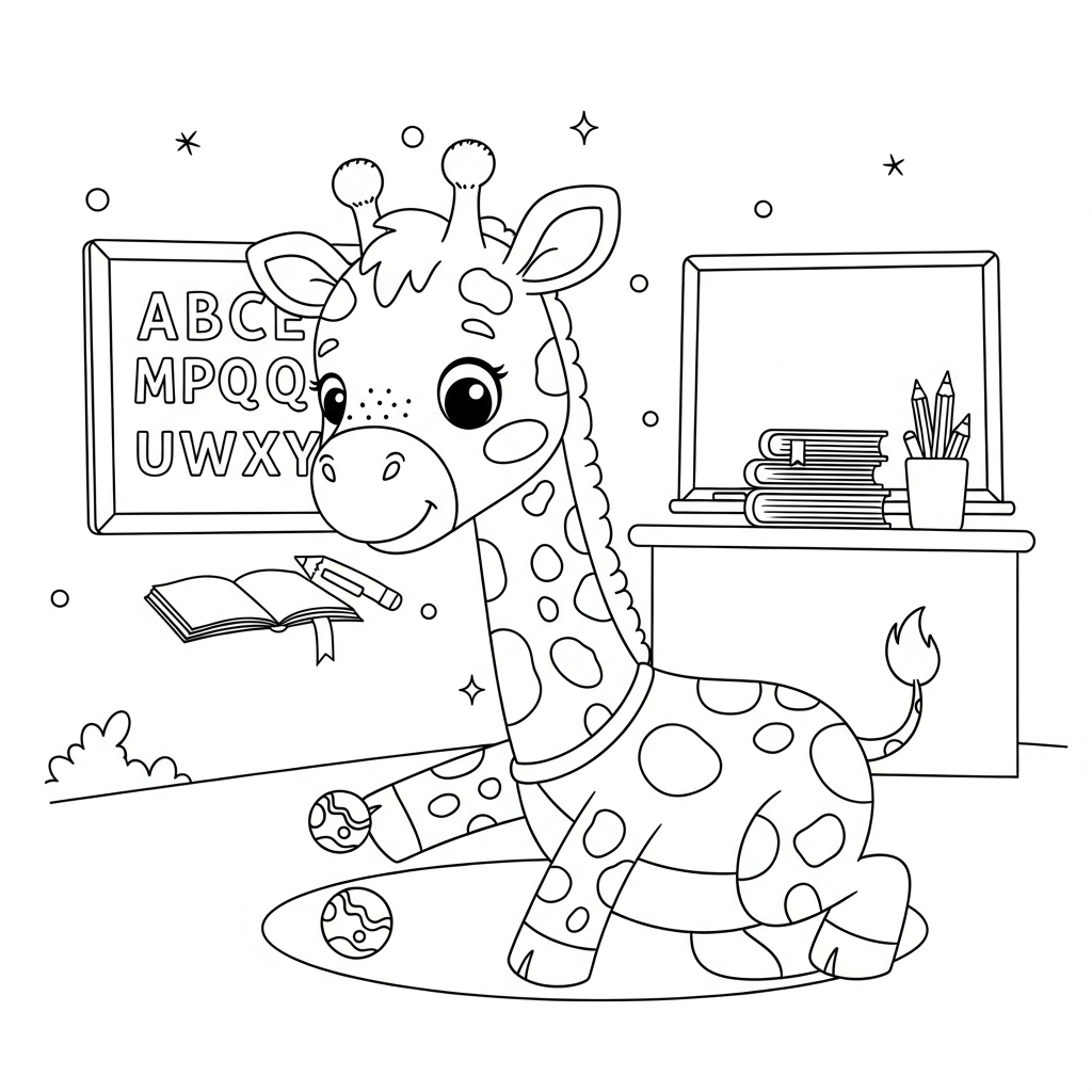 Desenho de girafa para colorir jogando bolinhas de gude na sala de aula com lousa