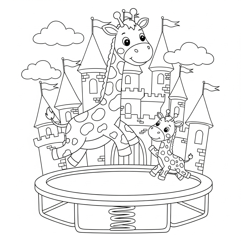 Desenho de girafa para colorir pulando em cama elástica no castelo de conto de fadas
