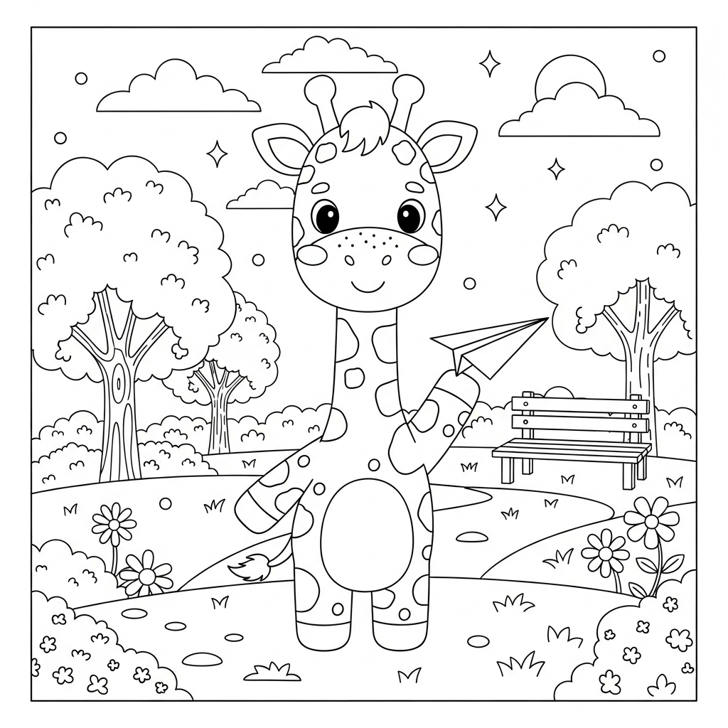 Desenho de girafa para colorir brincando com avião de papel em parque ensolarado.