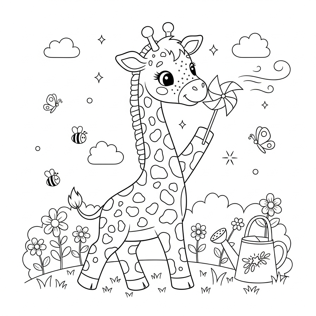 Desenho de girafa para colorir brincando com cata-vento no jardim florido com abelhas.