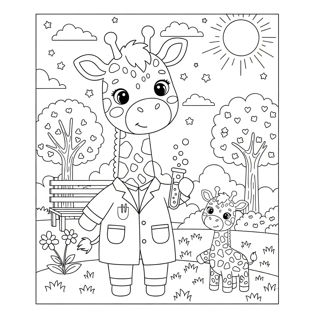 Desenho de girafa para colorir vestida de cientista com tubo de ensaio no parque ensolarado.
