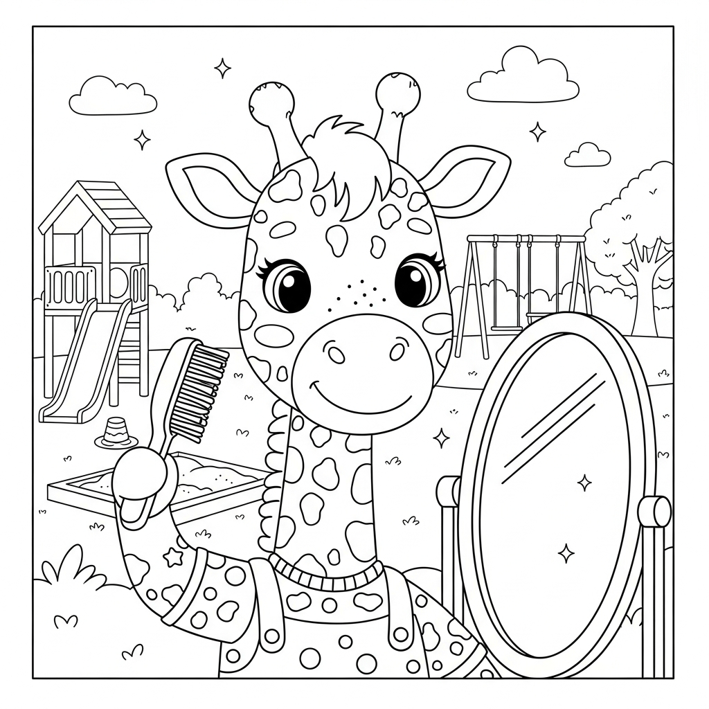 Desenho de girafa para colorir escovando os cabelos no espelho no playground com escorregador