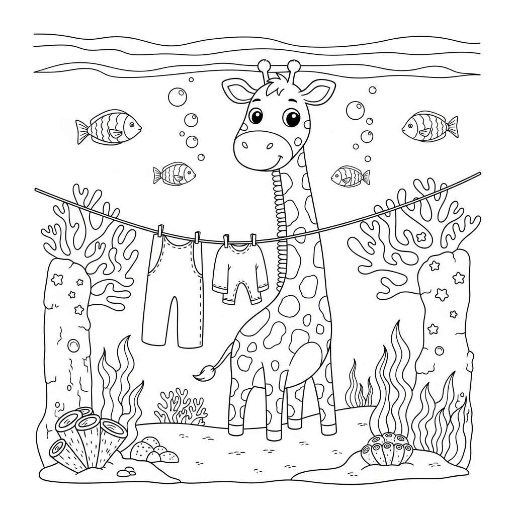 Desenho de girafa para colorir estendendo roupas no varal no fundo do mar.