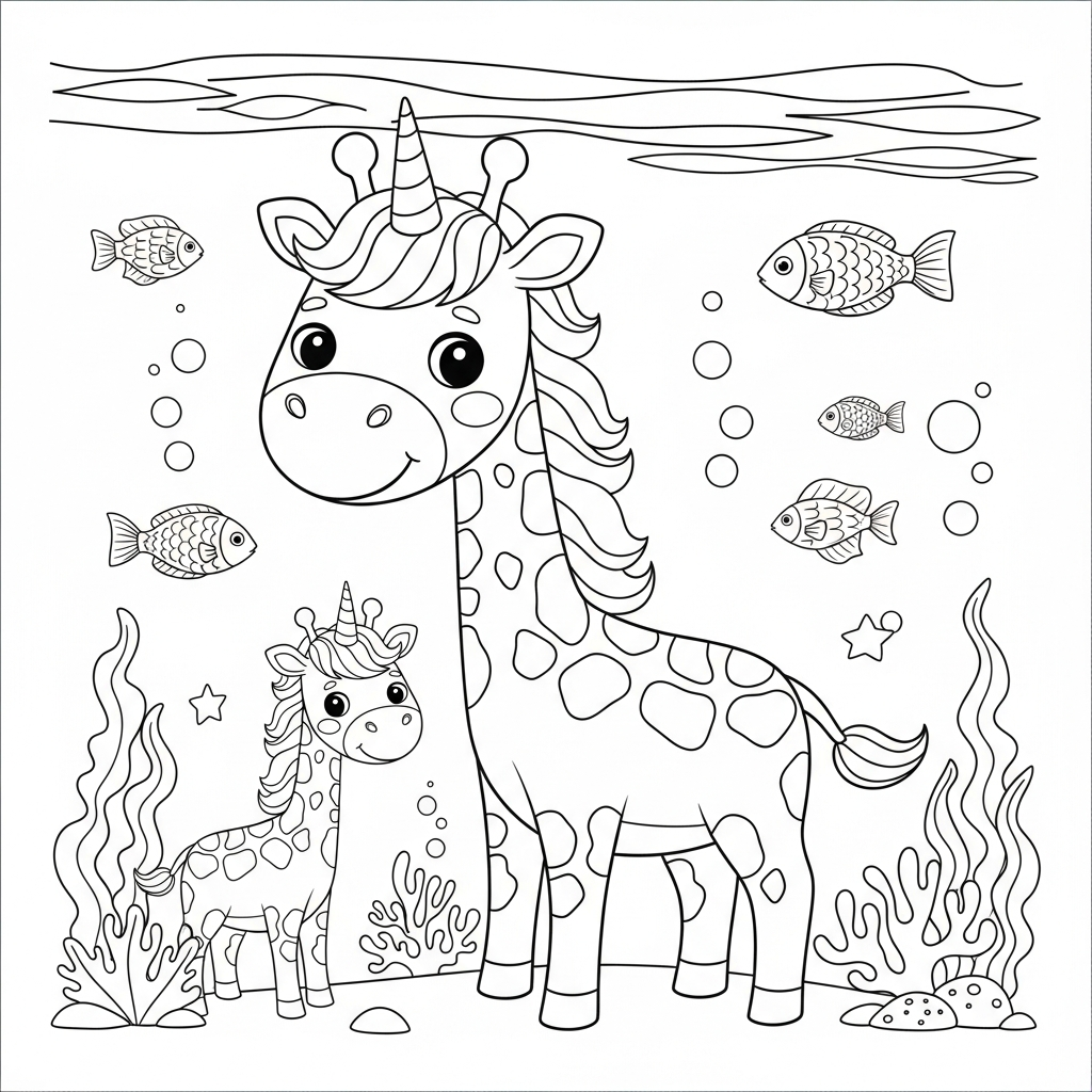 Desenho de girafa para colorir vestida de unicórnio no fundo do mar