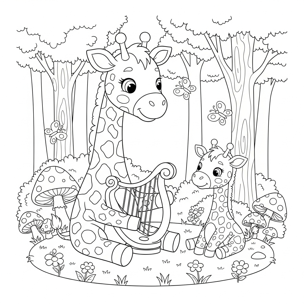 Desenho de girafa para colorir tocando harpa sentada na floresta com cogumelos e borboletas