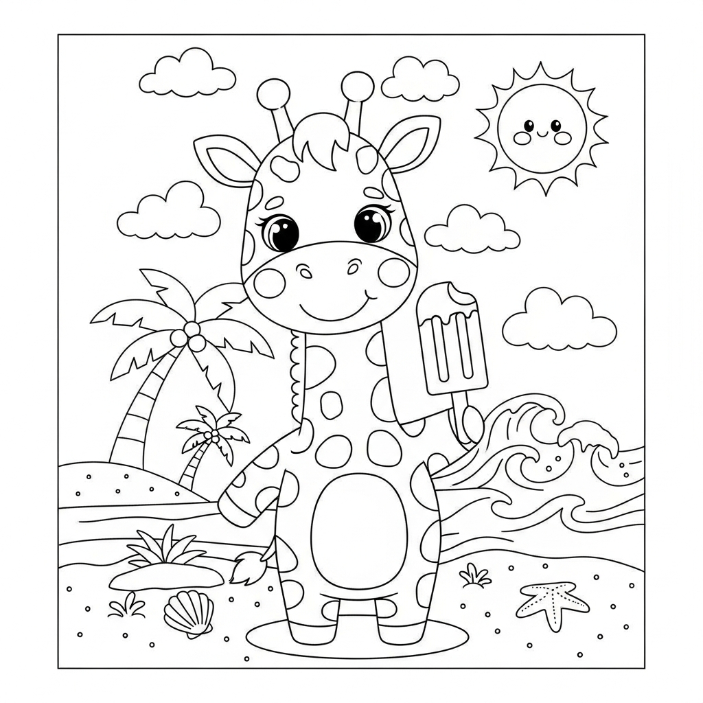 Desenho de girafa para colorir segurando picolé na praia com palmeiras