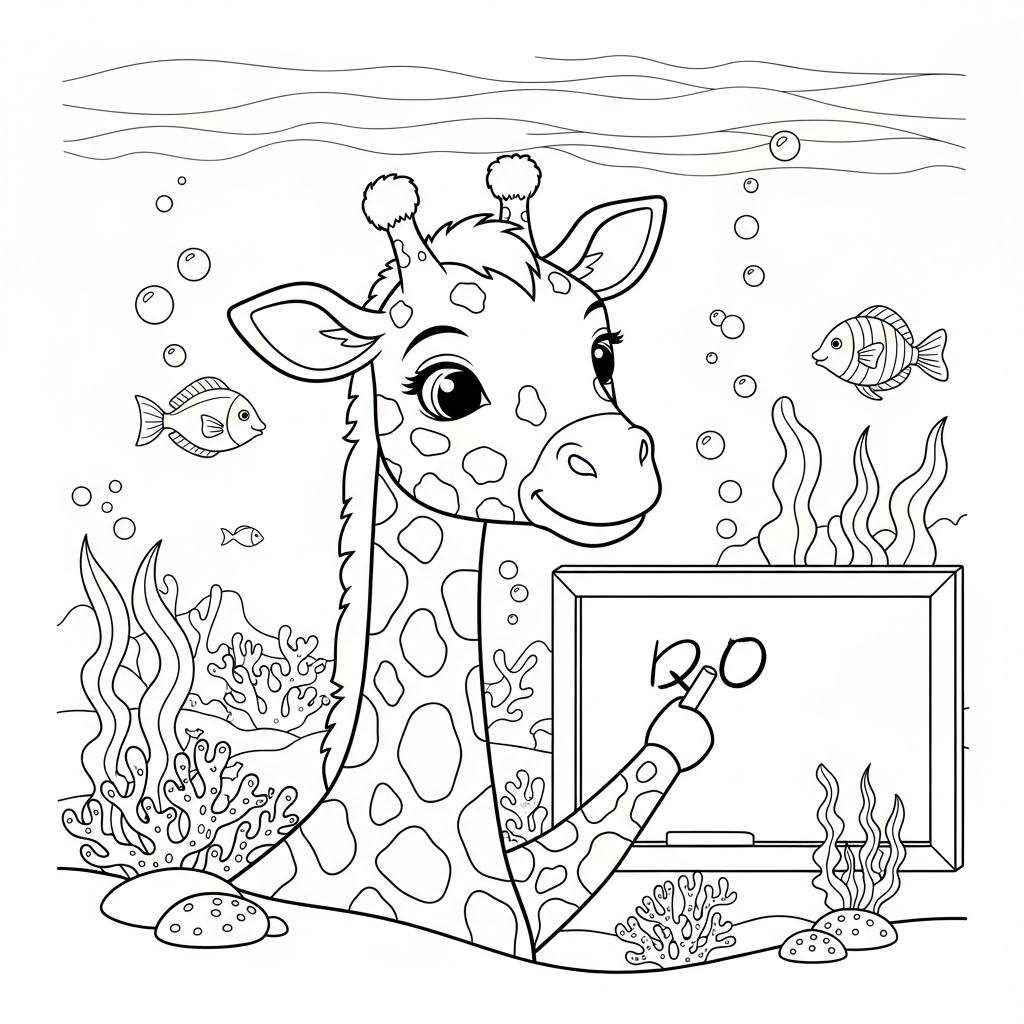 Desenho de girafa para colorir escrevendo em quadro-negro com giz no fundo do mar.
