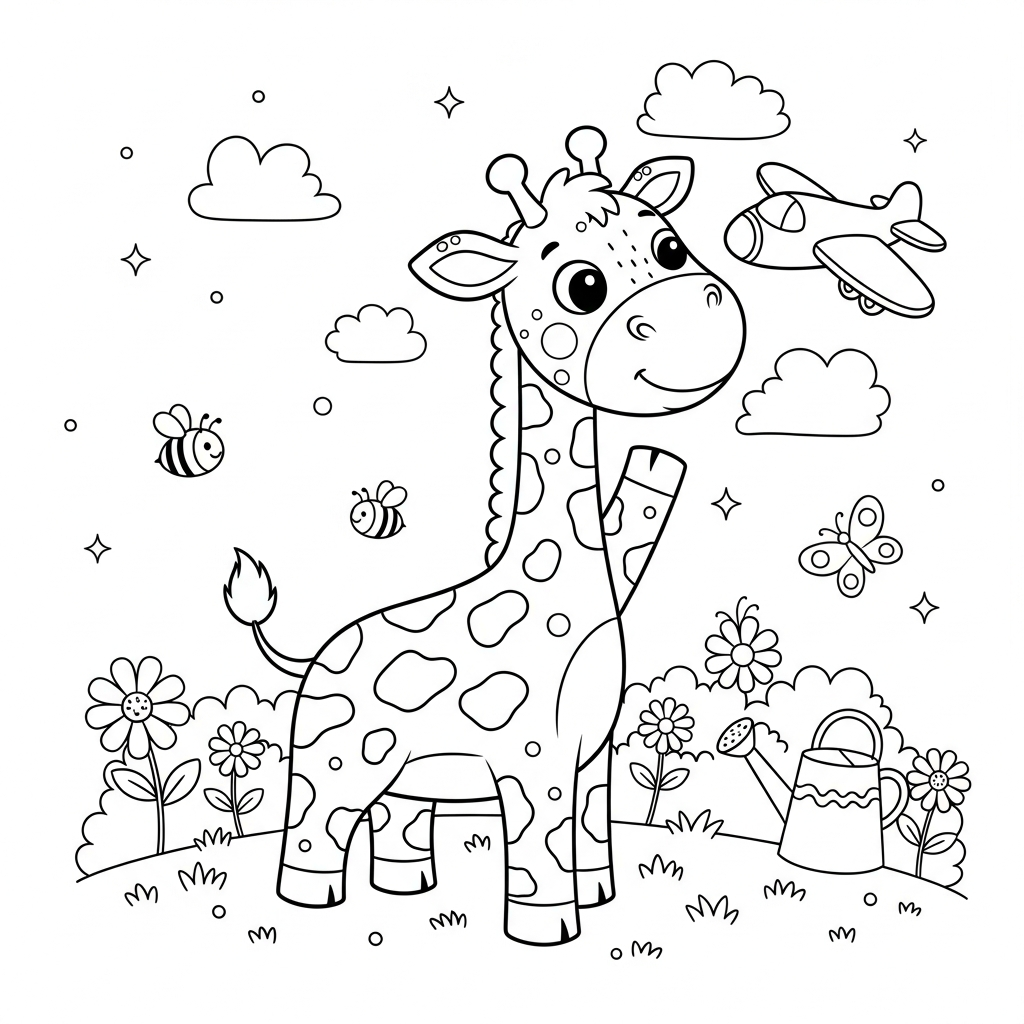Desenho de girafa para colorir brincando com aviãozinho no jardim florido com abelhas
