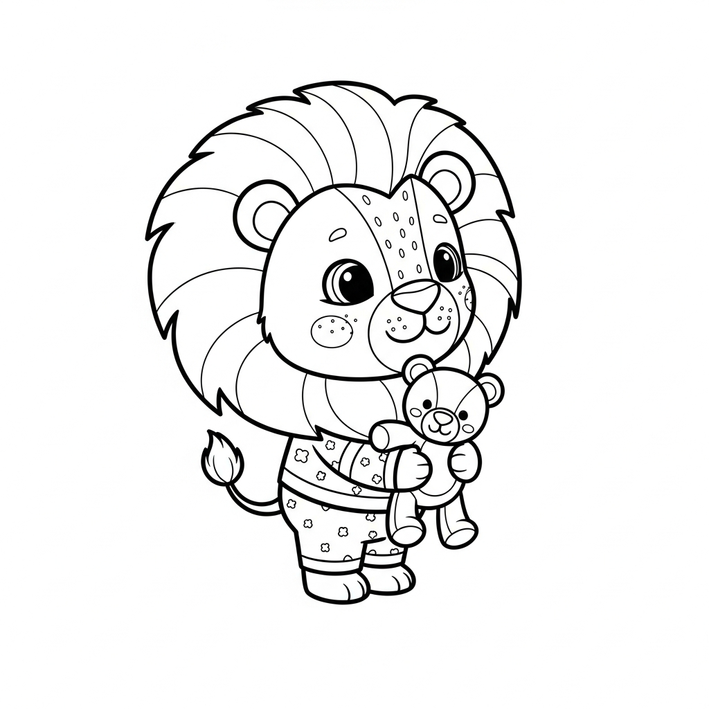 Desenho de leão para colorir abraçando um ursinho de pelúcia fofo