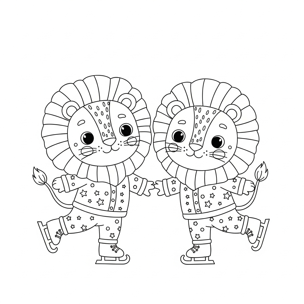 Desenho de leão para colorir patinando no gelo com expressão alegre