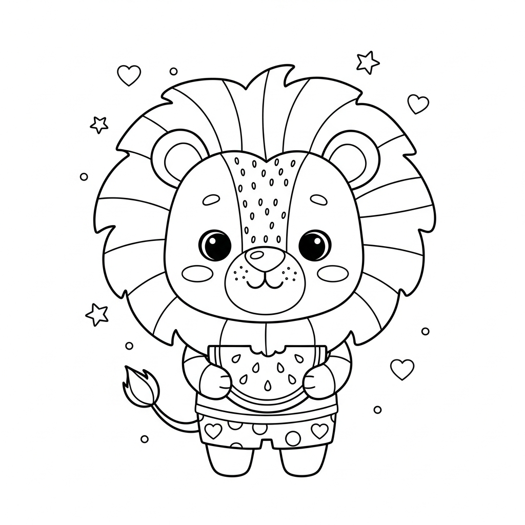 Desenho de leão para colorir segurando fatia de melancia com estrelinhas e corações