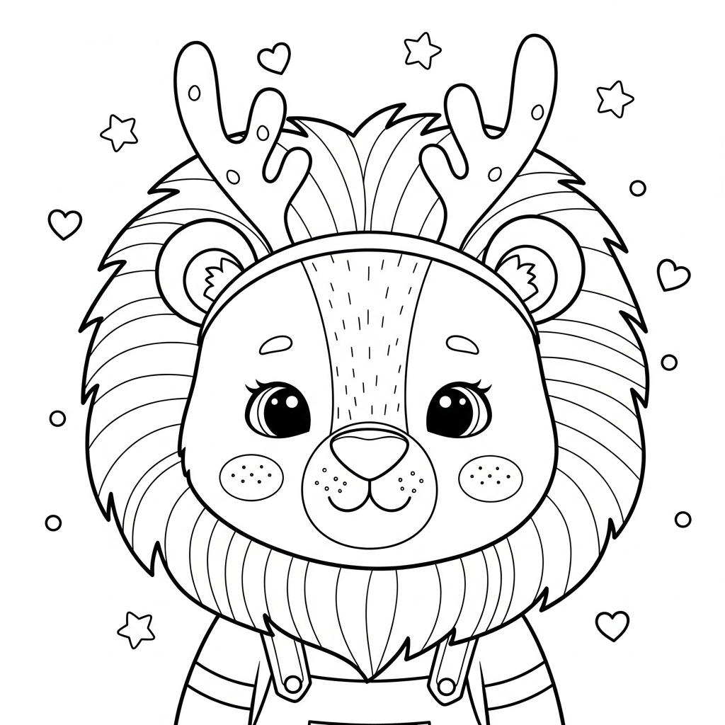 Desenho de leão para colorir usando chifres de rena, com estrelinhas e corações.