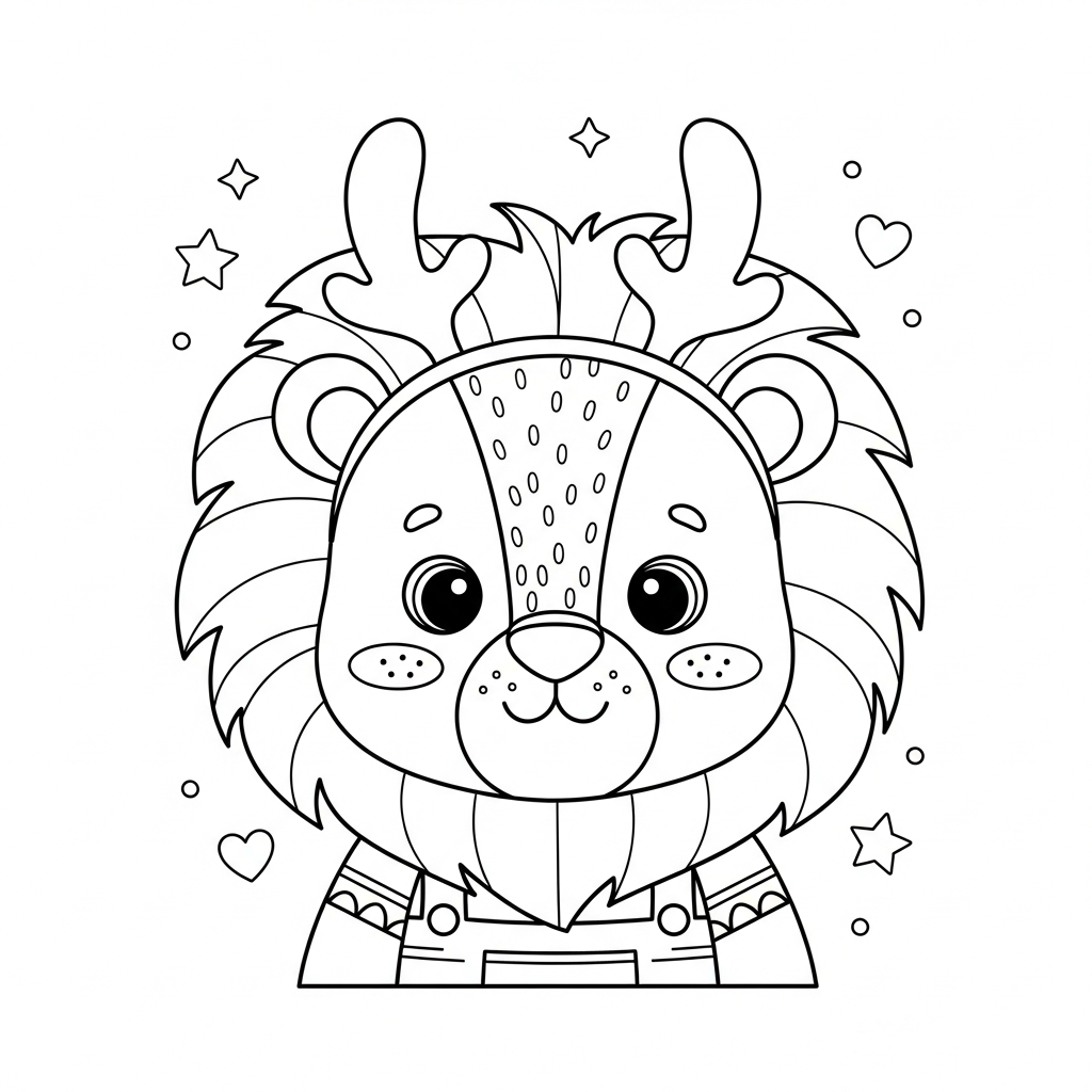 Desenho de leão para colorir usando chifres de rena, com estrelinhas e corações.