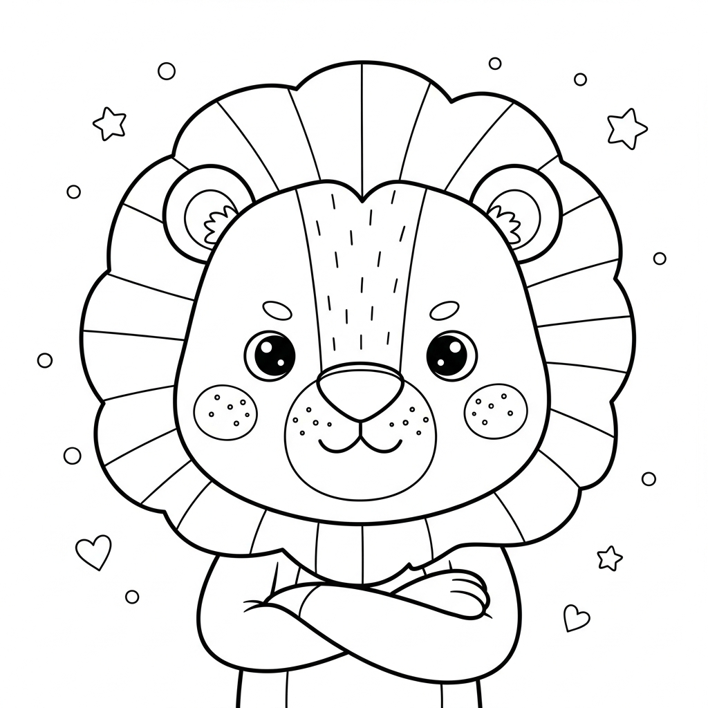 Desenho de leão para colorir zangado com braços cruzados, estrelinhas e corações.