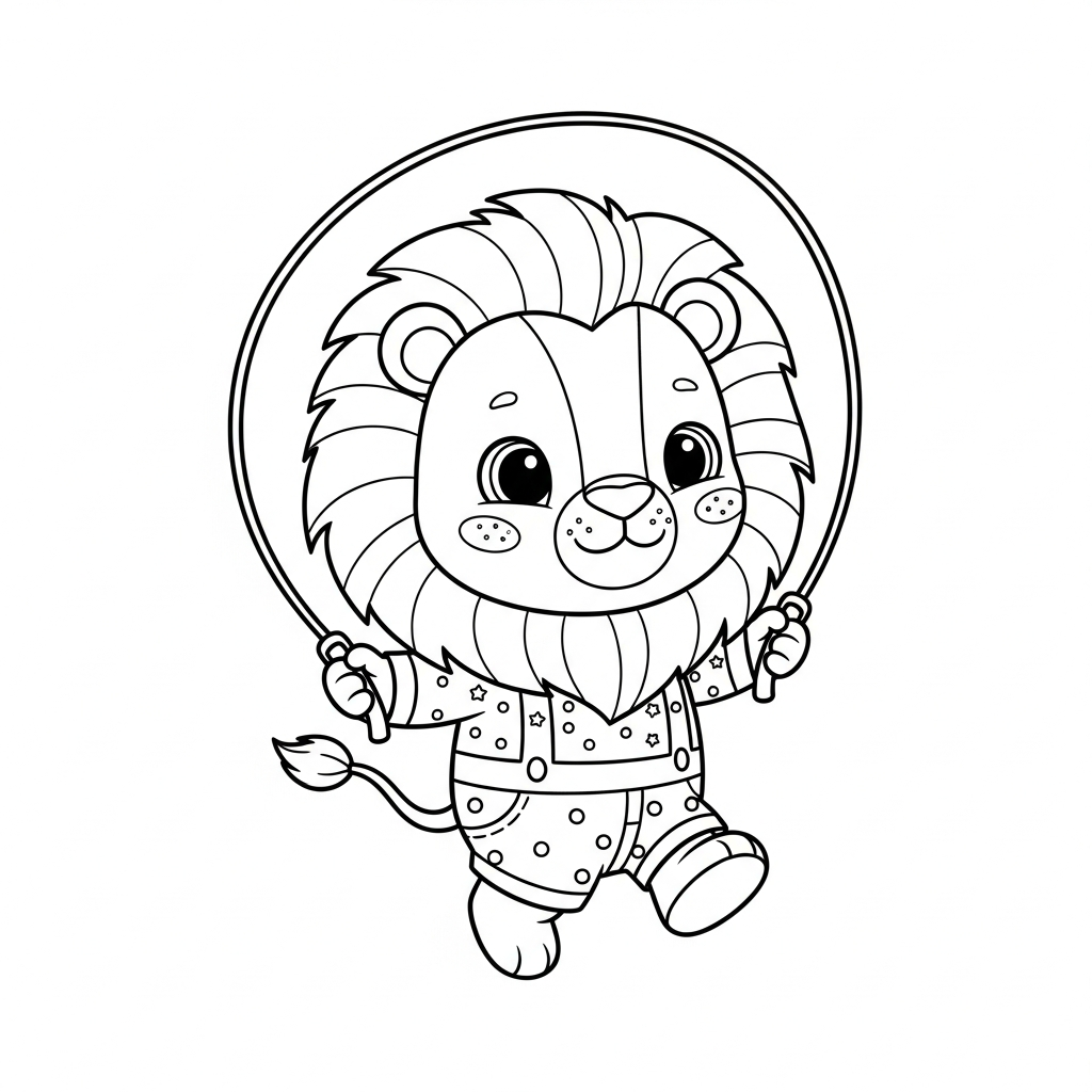 Desenho de leão para colorir pulando corda alegremente com expressão divertida