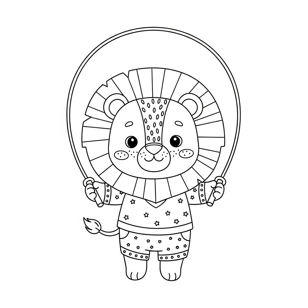 Desenho de leão para colorir pulando corda alegremente com sorriso divertido