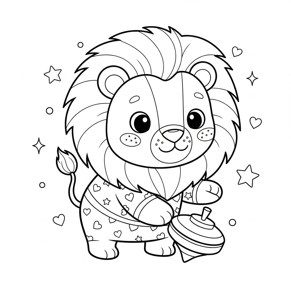 Desenho de leão para colorir brincando com pião girando, estrelinhas e corações.