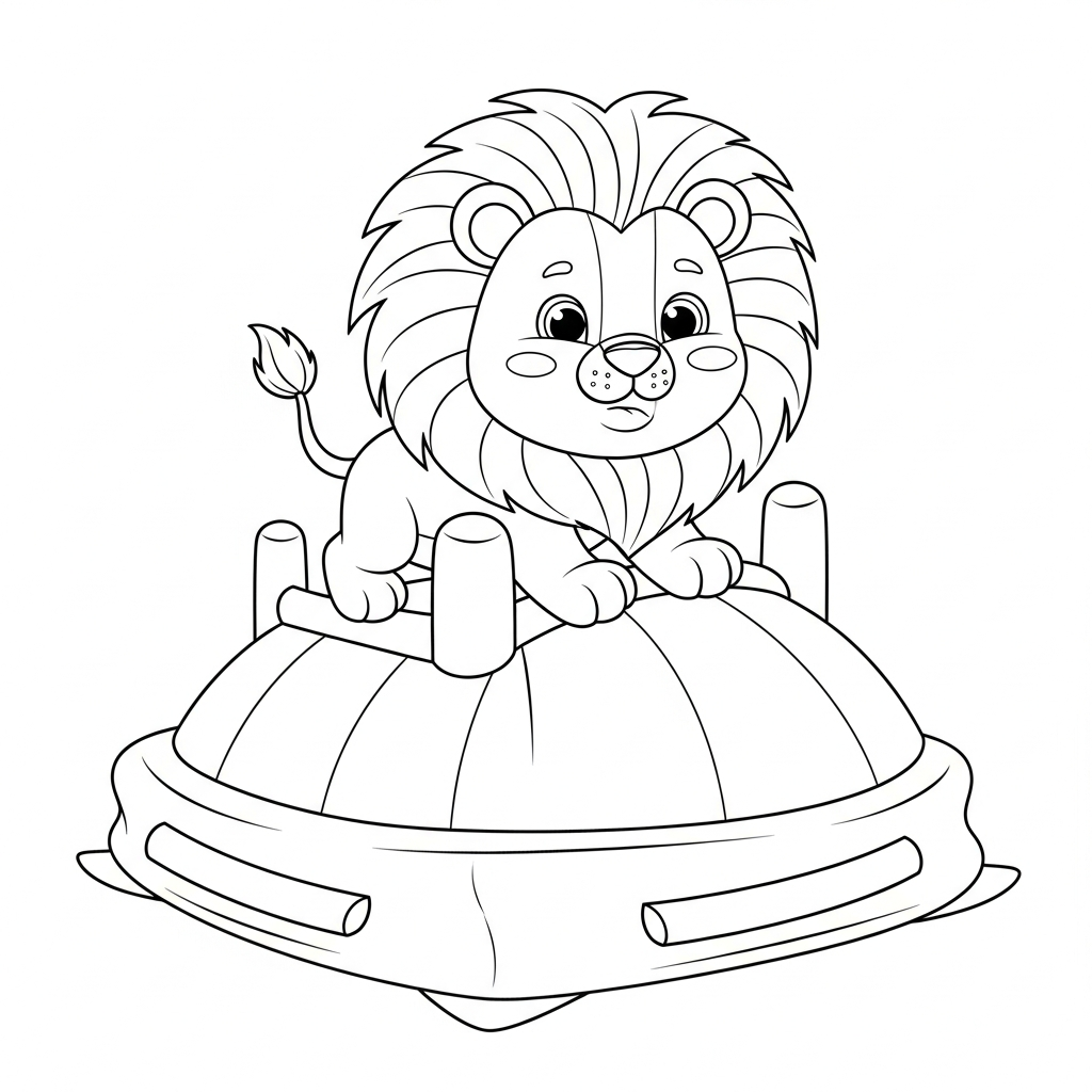 Desenho de leão para colorir brincando em um pula-pula gigante