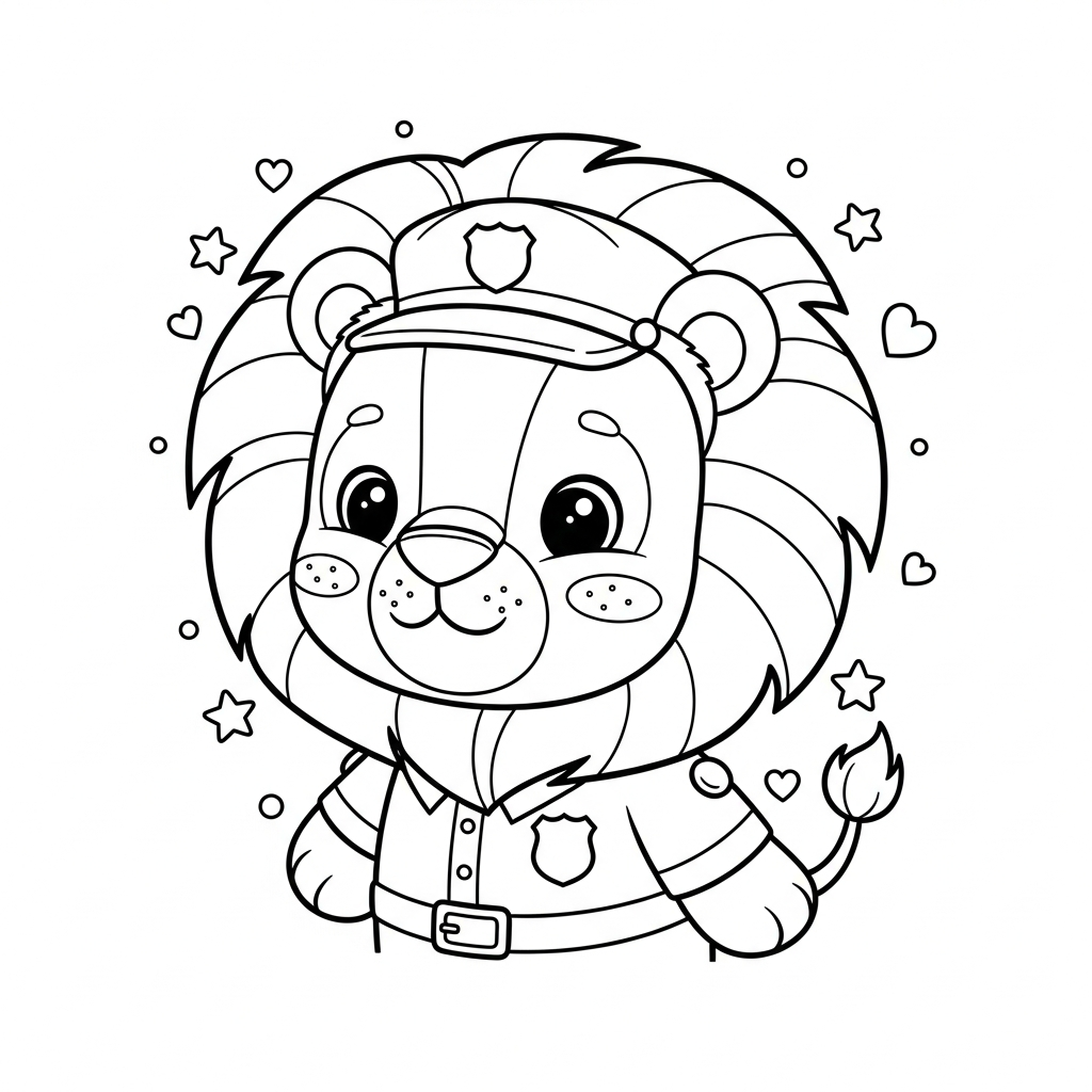 Desenho de leão para colorir vestido de policial com distintivo, estrelinhas e corações.