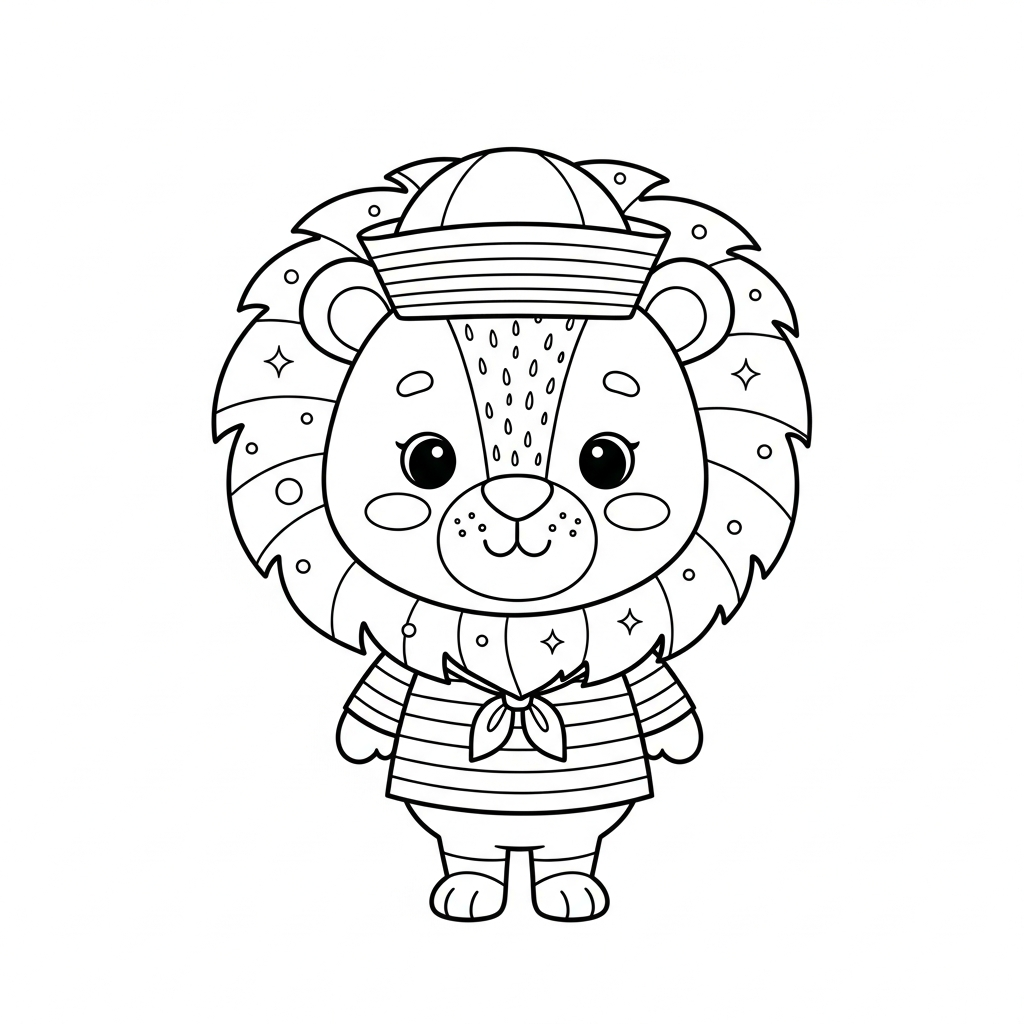 Desenho de leão para colorir vestido de marinheiro com chapéu listrado